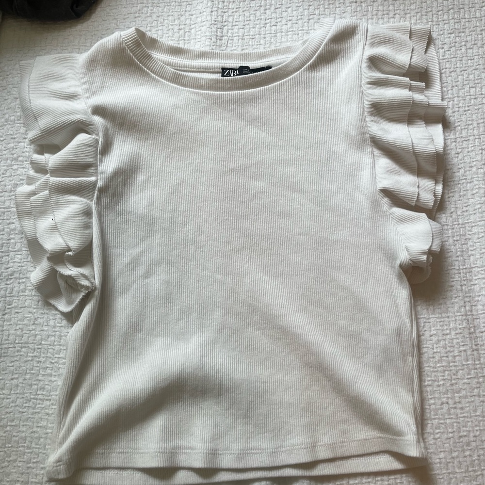 white zara ruffle shirt